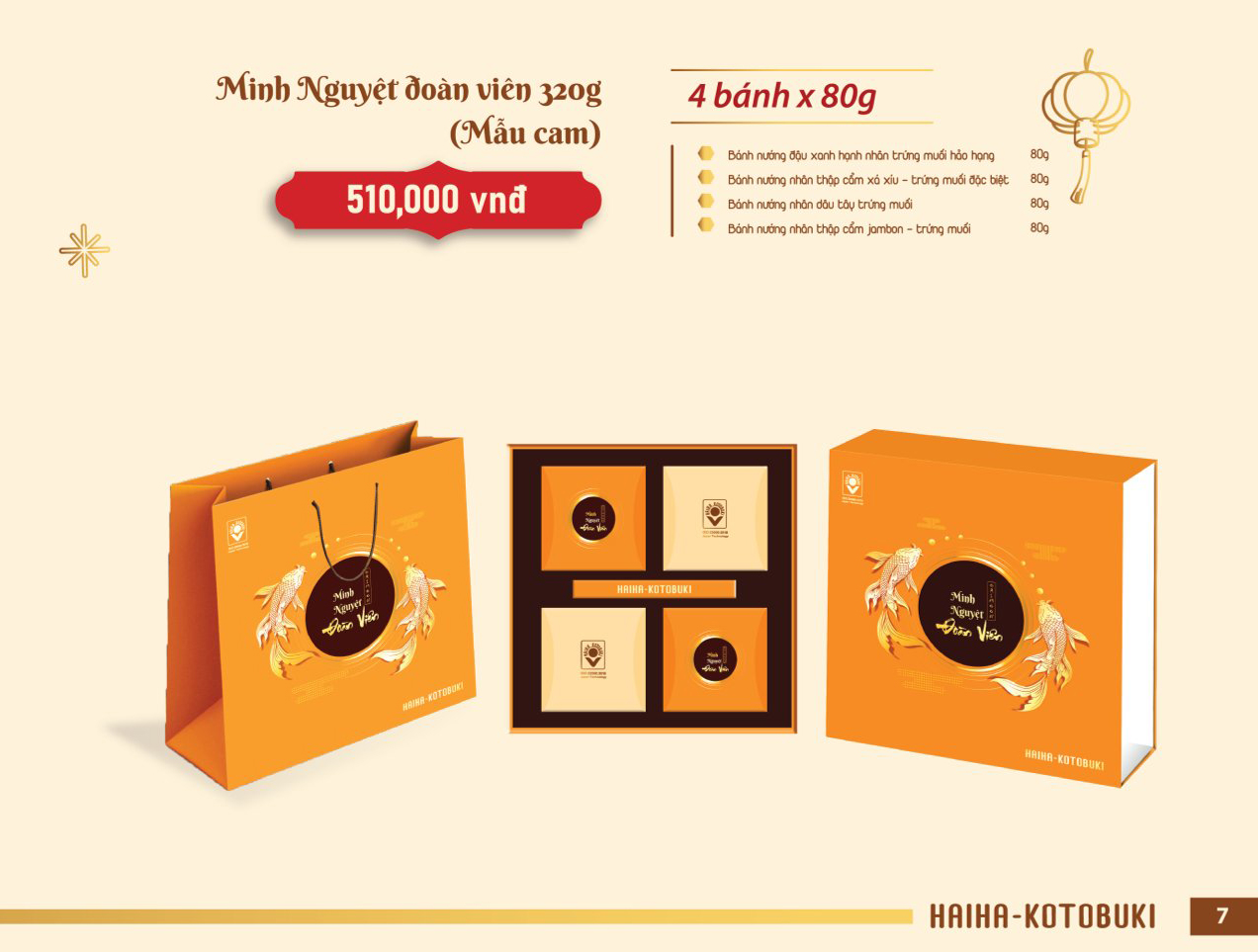 Hộp bánh trung thu cao cấp Hải Hà Kotobuki MINH NGUYỆT ĐOÀN VIÊN CAM: 510.000VNĐ gồm 4 bánh 80g