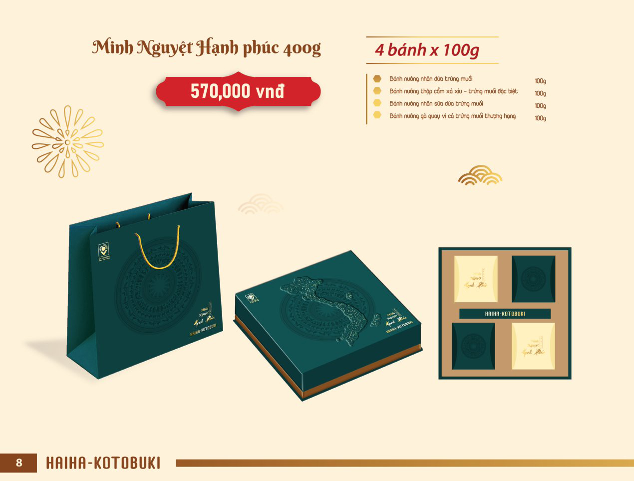 Hộp bánh trung thu cao cấp Hải Hà Kotobuki MINH NGUYỆT HẠNH PHÚC: 570.000 VNĐ gồm 4 bánh 100g