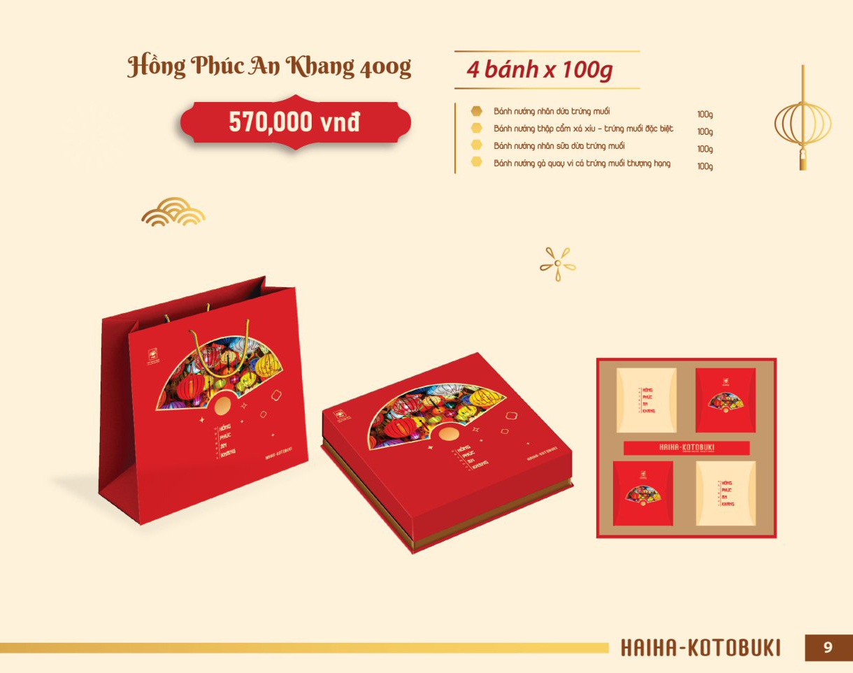 Hộp bánh trung thu cao cấp Hải Hà Kotobuki HỒNG PHÚC AN KHANG: 570.000VNĐ gồm 4 bánh 100g