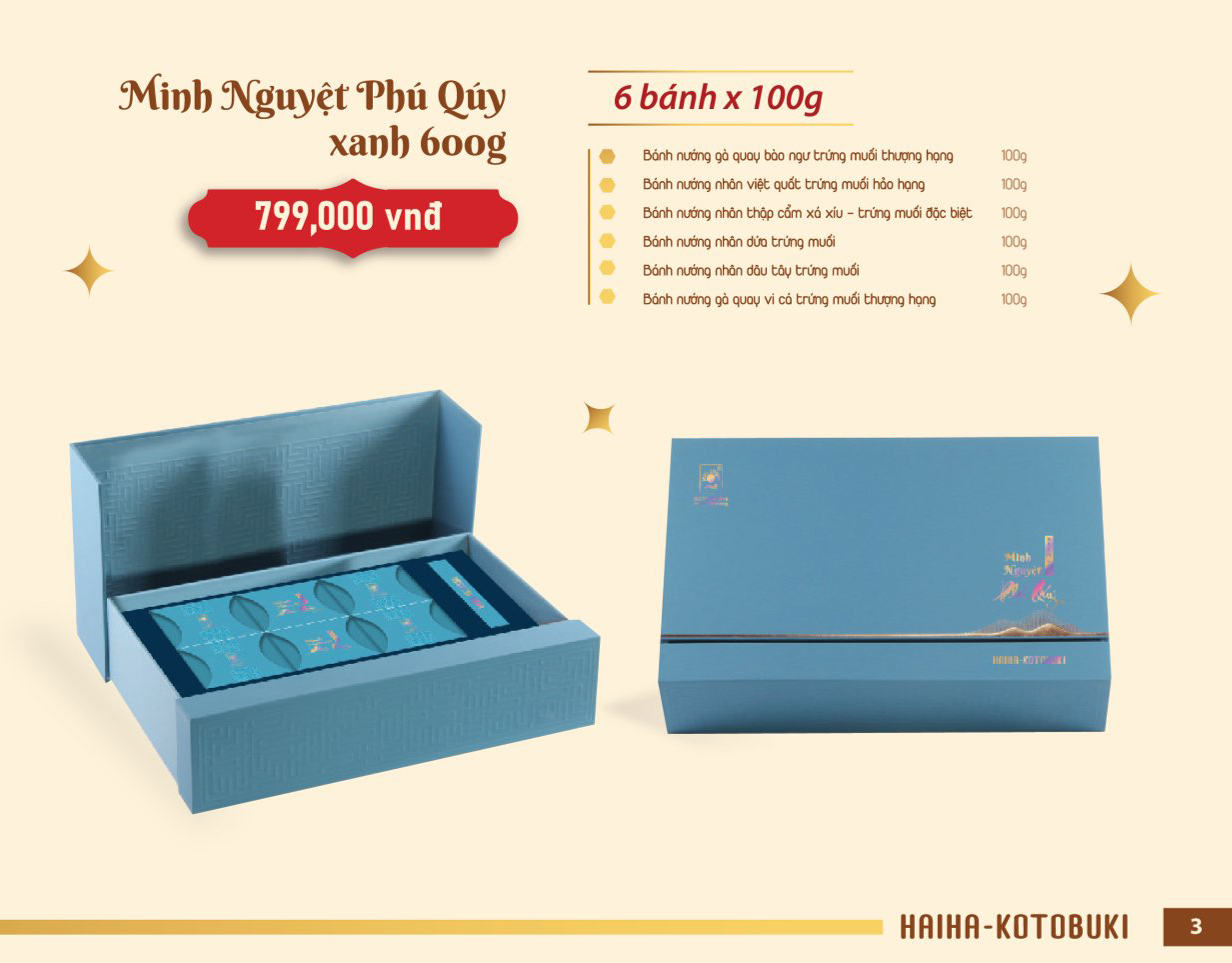 Hộp bánh trung thu cao cấp Hải Hà Kotobuki MINH NGUYỆT PHÚ QUÝ XANH: 799.000 VNĐ gồm 6 bánh 100g