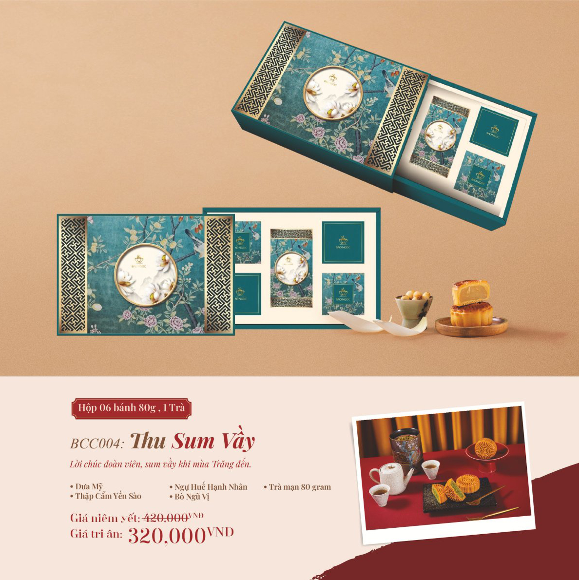 9. Hộp bánh trung thu Bảo Ngọc cao cấp: Hộp bánh trung thu cao cấp THU SUM VẦY: 4 bánh + 1 TRÀ: 320.000VNĐ