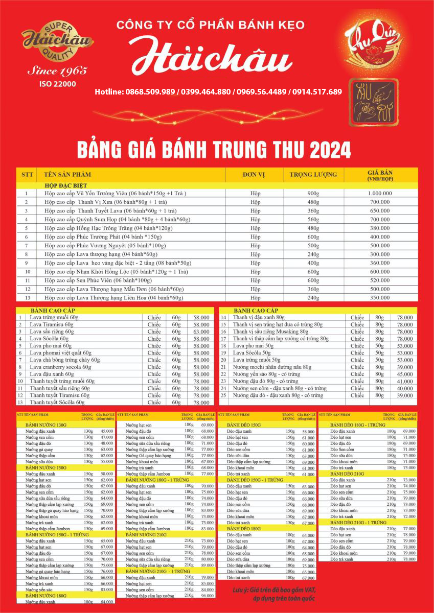  Bảng giá bánh trung thu HẢI CHÂU 2024