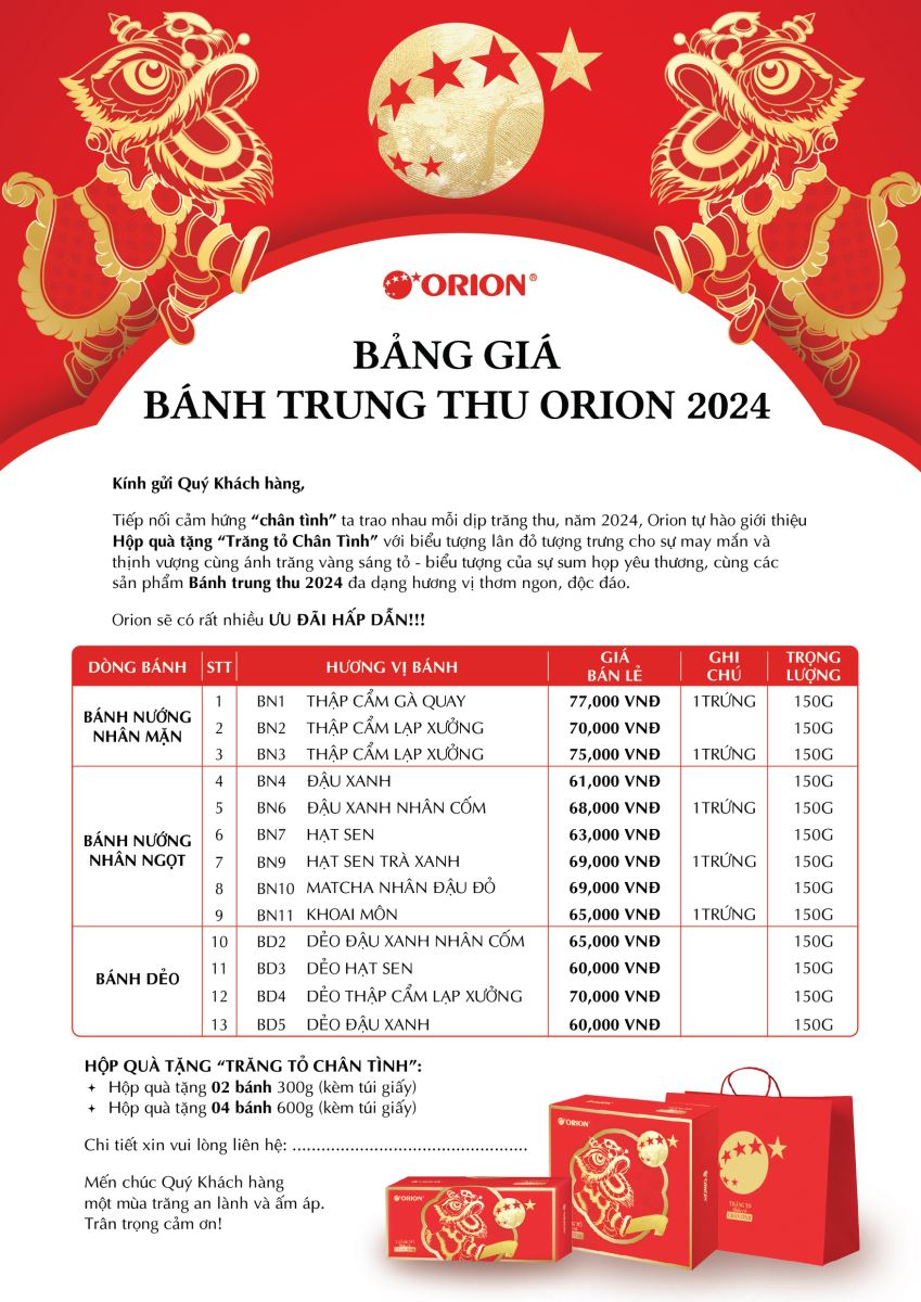 Bảng giá bánh trung thu ORION 2024